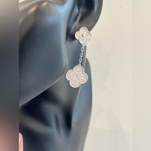 Silver Plated Lucky Alhambra Clover Drop Earrings with Crystal accents w… - Picture 4 of 10
